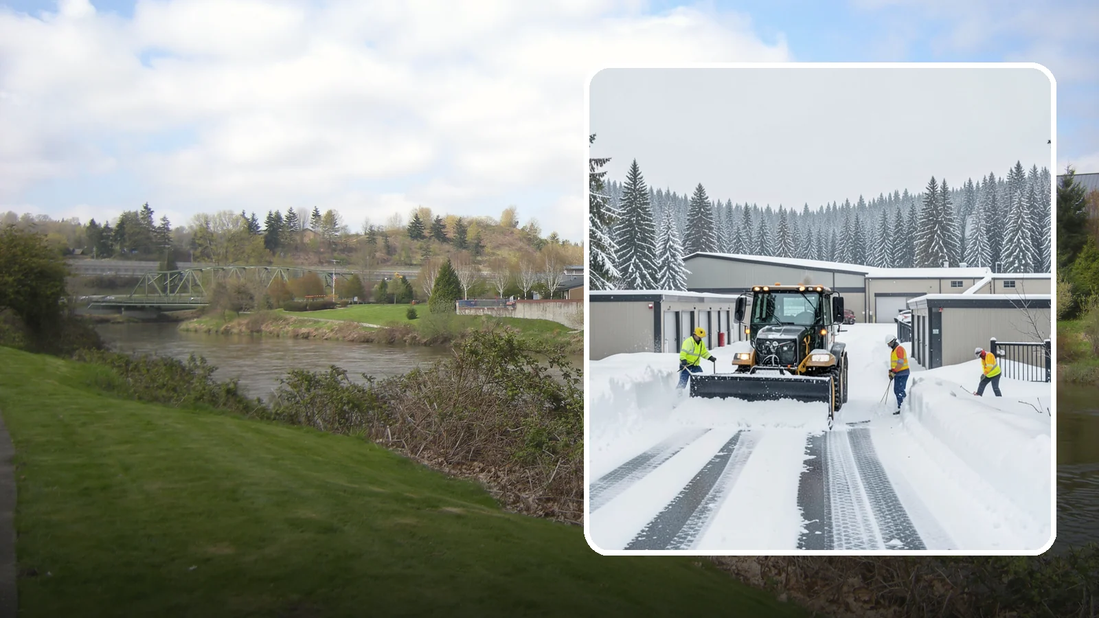 Self-Storage Facility Snow Plowing in Tukwila, King County, WA - We plow self-storage drive aisles and gate approaches so customers reach their units and access stays open through a storm.
