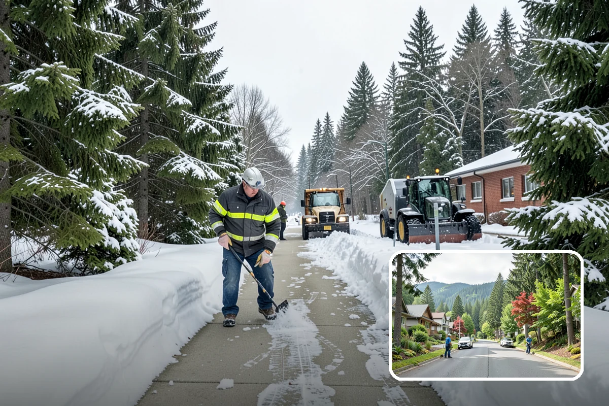Senior Living Community Parking Lot Snow Removal in Darrington, Snohomish County, WA - Residents and visitors cross cleared, deiced surfaces to reduce falls