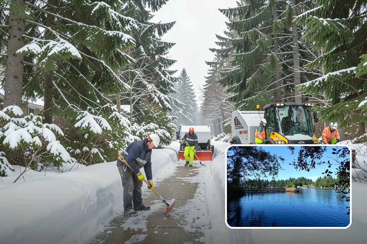 Senior Living Community Parking Lot Snow Removal in Federal Way, King County, WA - Residents and visitors cross cleared, deiced surfaces to reduce falls