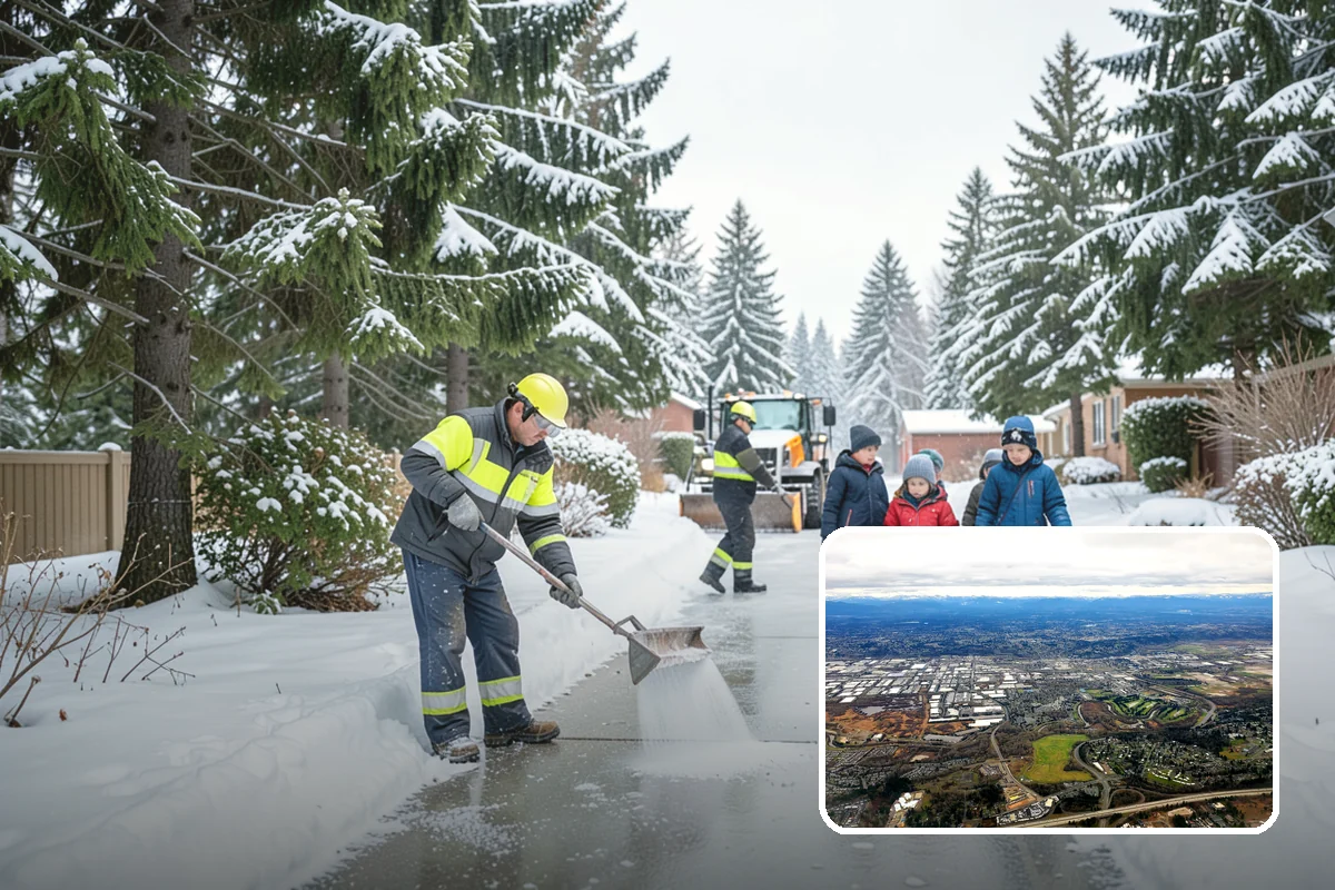 Senior Living Community Parking Lot Snow Removal in Kent, King County, WA - Residents and visitors cross cleared, deiced surfaces to reduce falls