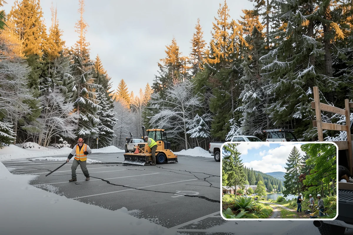 Senior Living Community Parking Lot Snow Removal in Lake Forest Park, King County, WA - Residents and visitors cross cleared, deiced surfaces to reduce falls