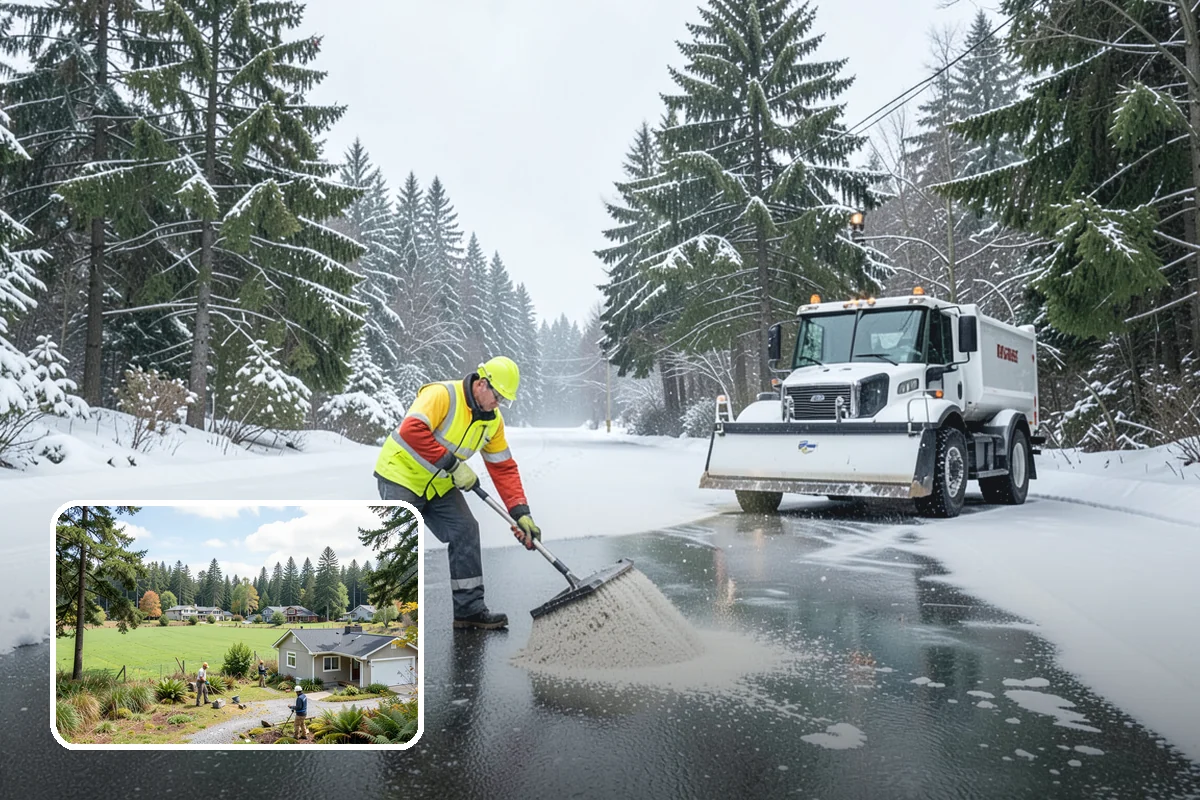 Senior Living Community Parking Lot Snow Removal in Lyman, Skagit County, WA - Residents and visitors cross cleared, deiced surfaces to reduce falls