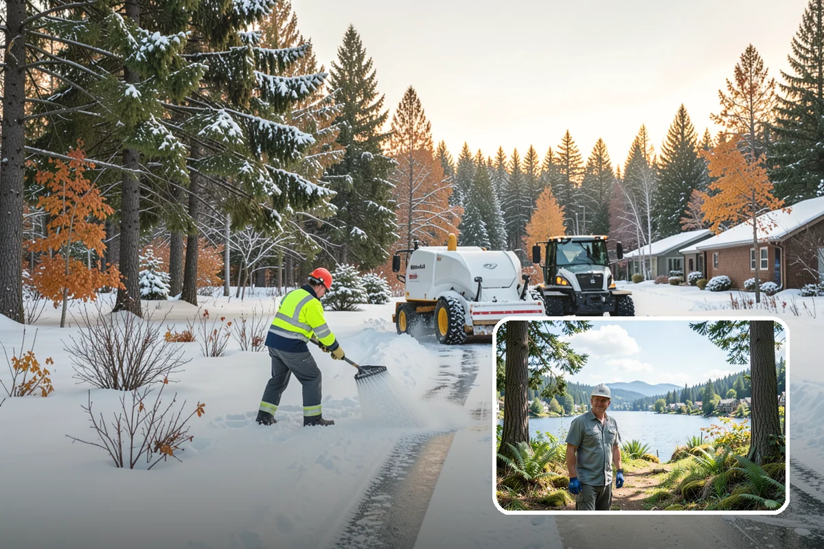 Senior Living Community Parking Lot Snow Removal in Milton, King County, WA - Residents and visitors cross cleared, deiced surfaces to reduce falls