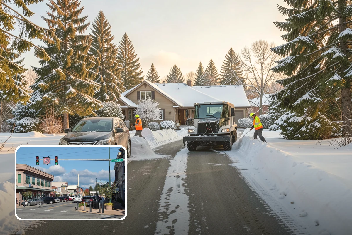 Senior Living Community Parking Lot Snow Removal in Monroe, Snohomish County, WA - Residents and visitors cross cleared, deiced surfaces to reduce falls