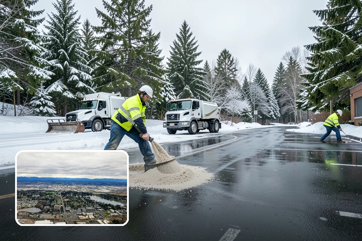 Senior Living Community Parking Lot Snow Removal in SeaTac, King County, WA - Residents and visitors cross cleared, deiced surfaces to reduce falls