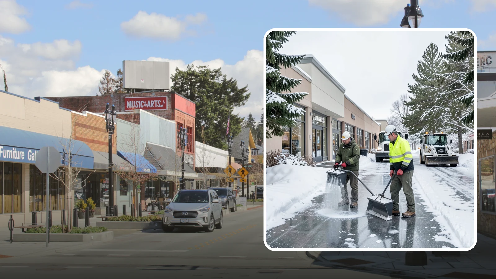 Shopping Center Deicing in Bothell, King County, WA - Deicing for shopping centers that keeps multi-tenant walkways, storefront aprons, and common areas safe across an entire retail...