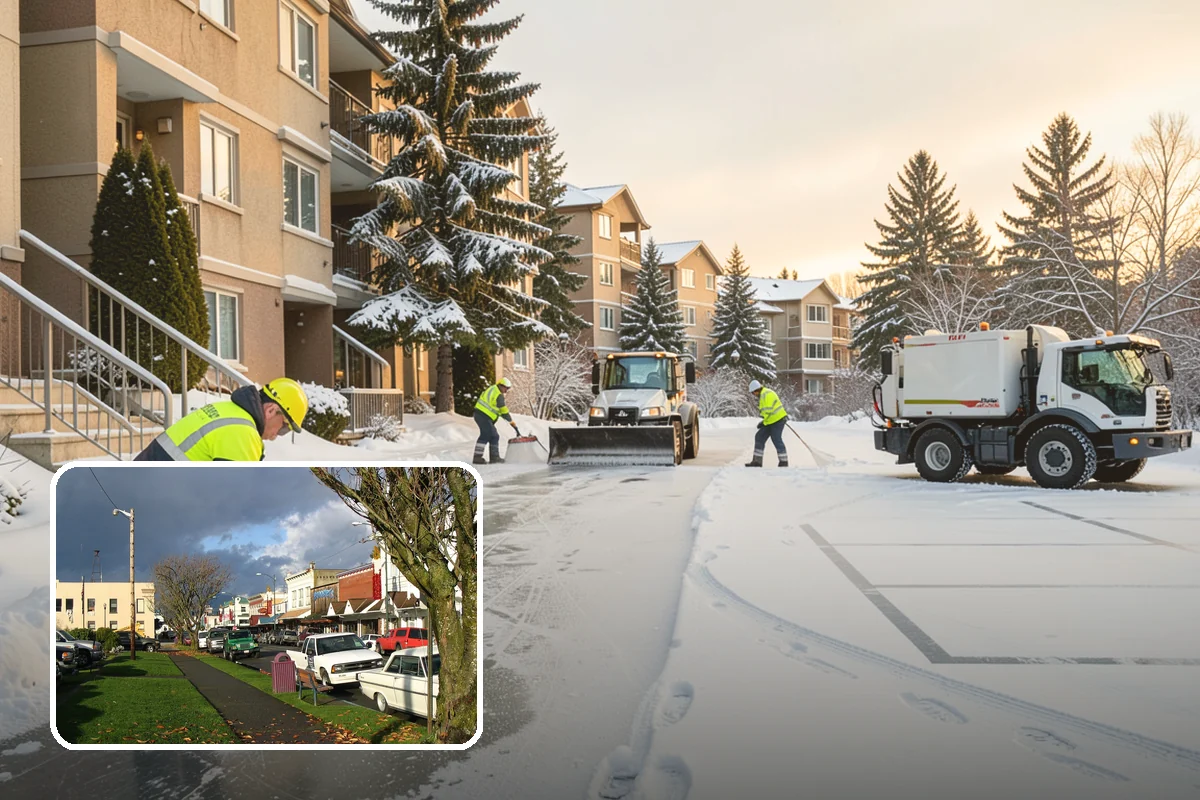 Shopping Center Parking Lot Snow Removal in Arlington, Snohomish County, WA - Every tenant's storefront stays reachable across the shared lot