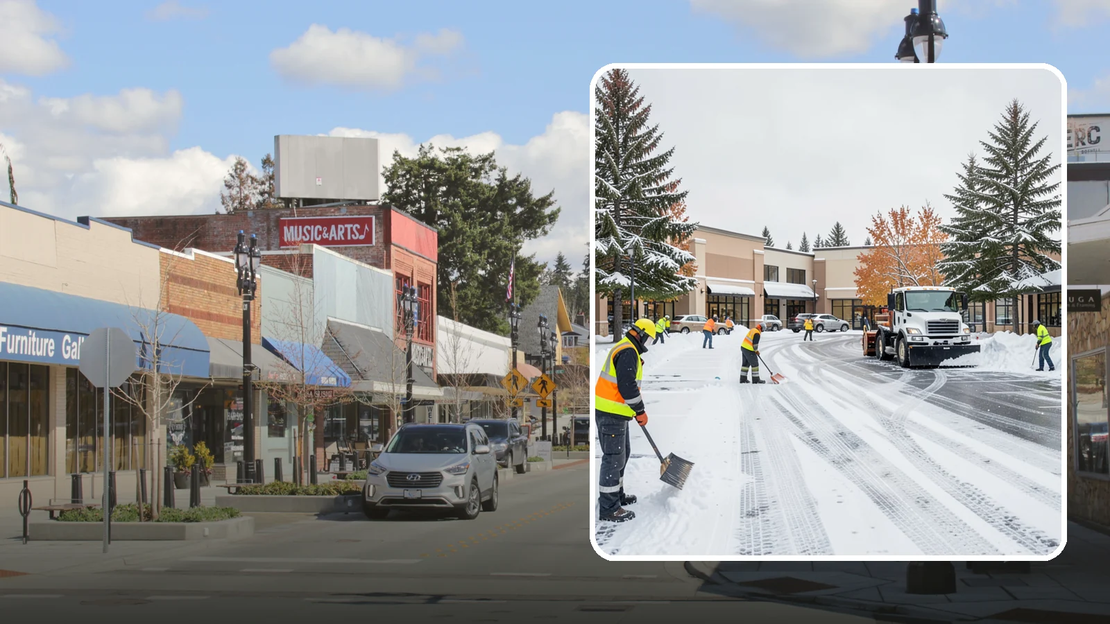 Shopping Center Parking Lot Snow Removal in Bothell, King County, WA - We clear large multi-tenant shopping center lots so Western Washington shoppers reach every storefront through winter.