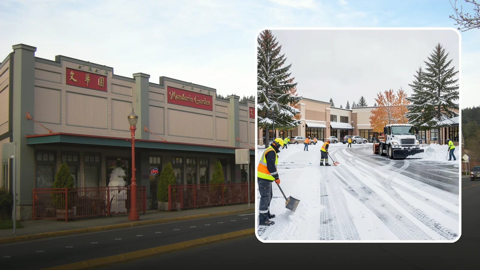 Shopping Center Parking Lot Snow Removal in Issaquah, King County, WA - We clear large multi-tenant shopping center lots so Western Washington shoppers reach every storefront through winter.