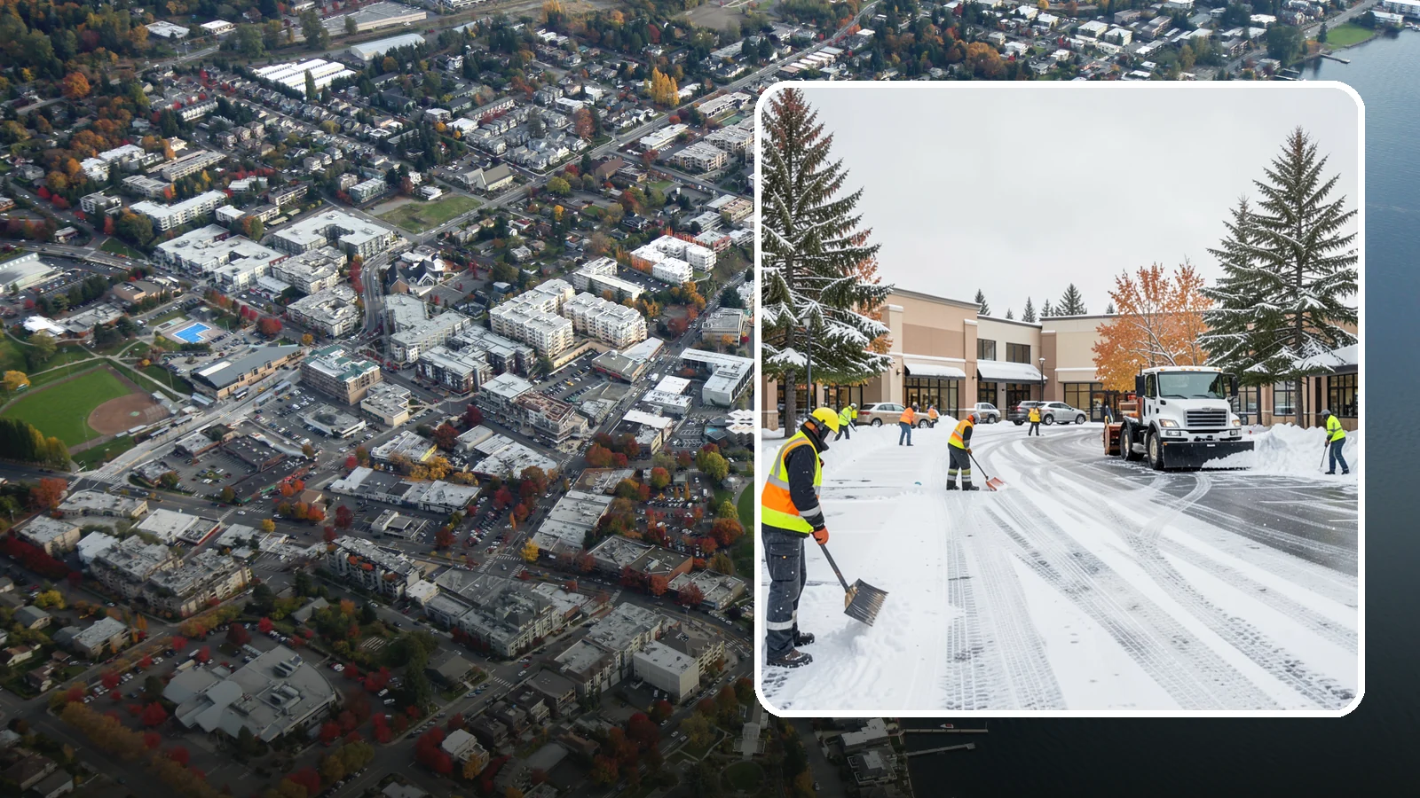 Shopping Center Parking Lot Snow Removal in Kirkland, King County, WA - We clear large multi-tenant shopping center lots so Western Washington shoppers reach every storefront through winter.