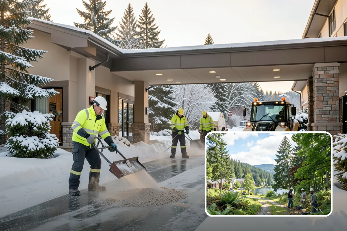 Shopping Center Parking Lot Snow Removal in Lake Forest Park, King County, WA - Every tenant's storefront stays reachable across the shared lot