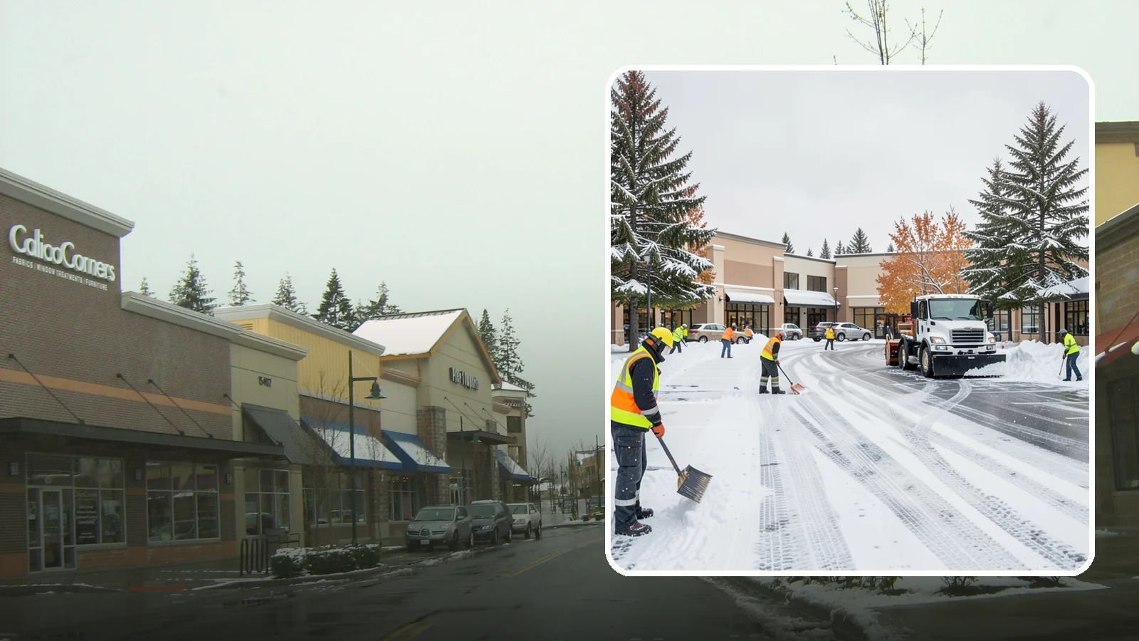 Shopping Center Parking Lot Snow Removal in Mill Creek, Snohomish County, WA - We clear large multi-tenant shopping center lots so Western Washington shoppers reach every storefront through winter.
