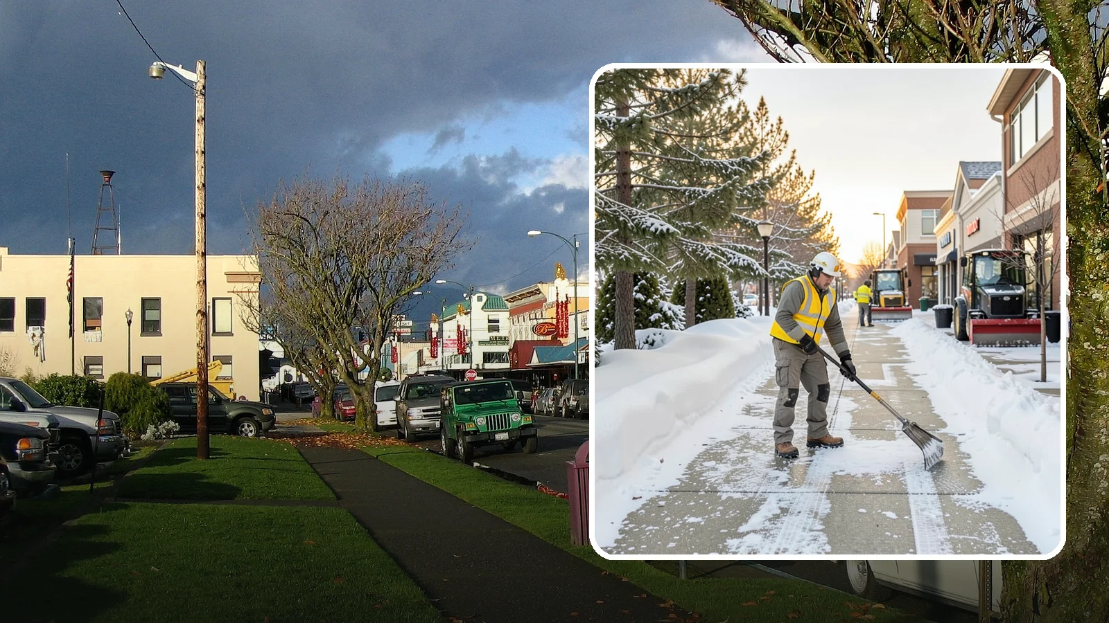 Shopping Center Sidewalk Clearing in Arlington, Snohomish County, WA - Storefront-corridor sidewalk clearing for Western Washington shopping centers, keeping the long tenant walkways and entrances...