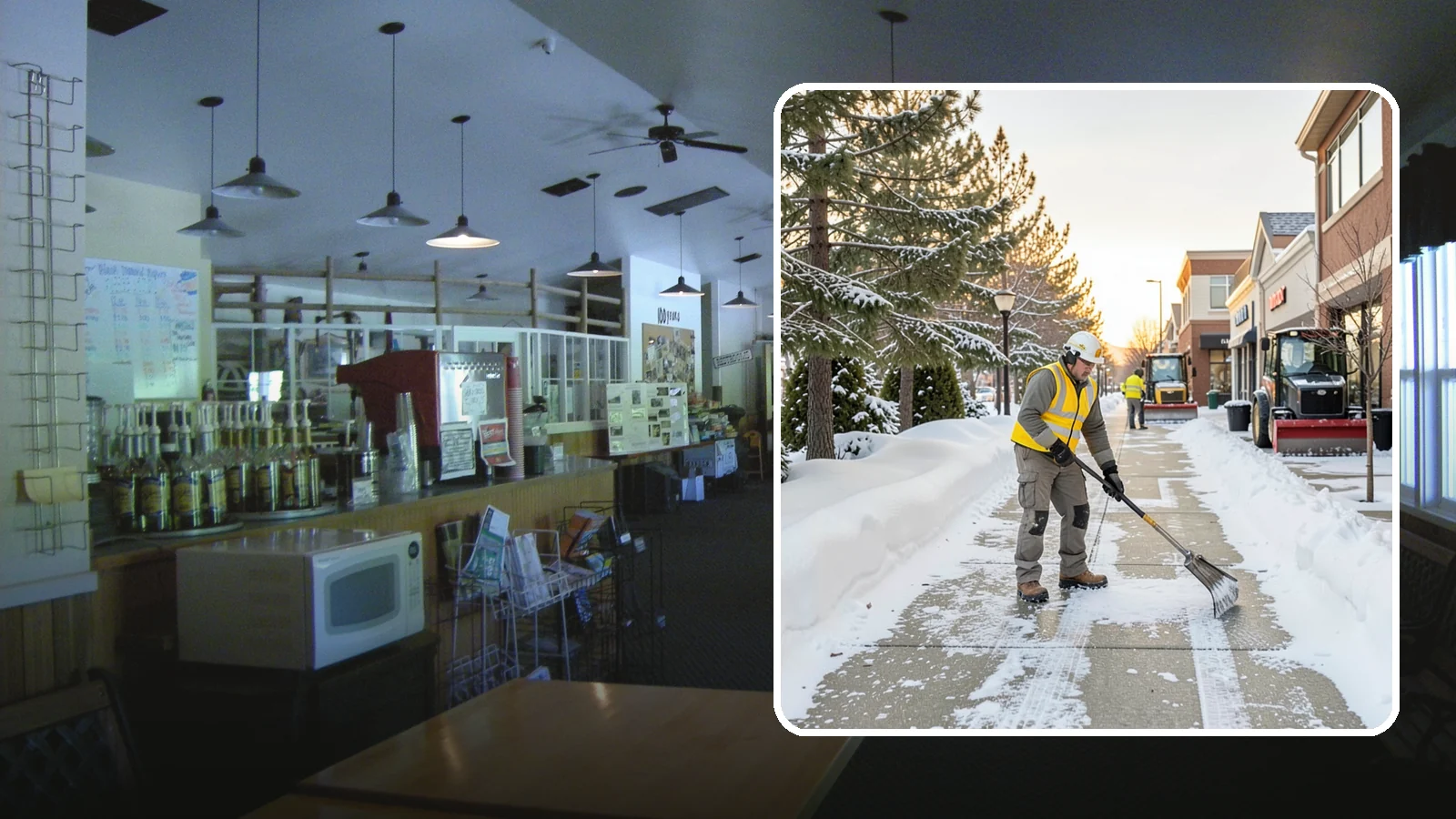 Shopping Center Sidewalk Clearing in Black Diamond, King County, WA - Storefront-corridor sidewalk clearing for Western Washington shopping centers, keeping the long tenant walkways and entrances...