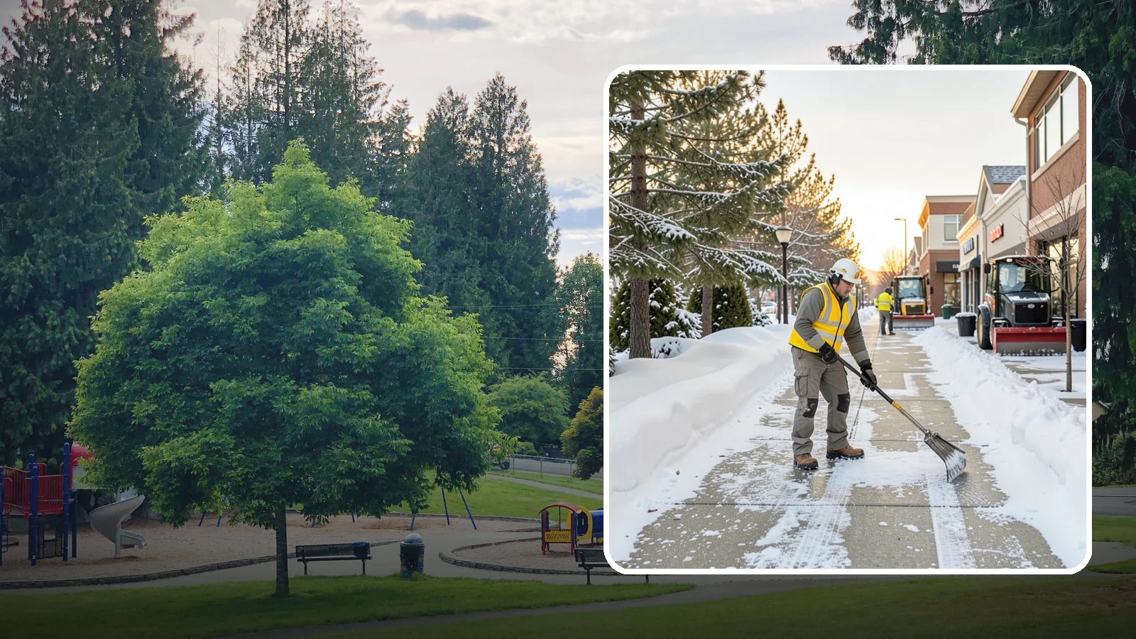 Shopping Center Sidewalk Clearing in Bonney Lake, Pierce County, WA - Storefront-corridor sidewalk clearing for Western Washington shopping centers, keeping the long tenant walkways and entrances...