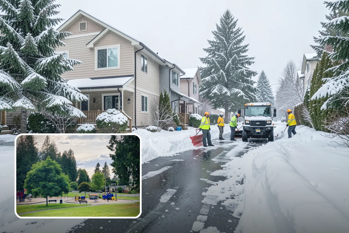 Shopping Center Sidewalk Clearing in Bonney Lake, Pierce County, WA - Full storefront corridor cleared for every tenant equally