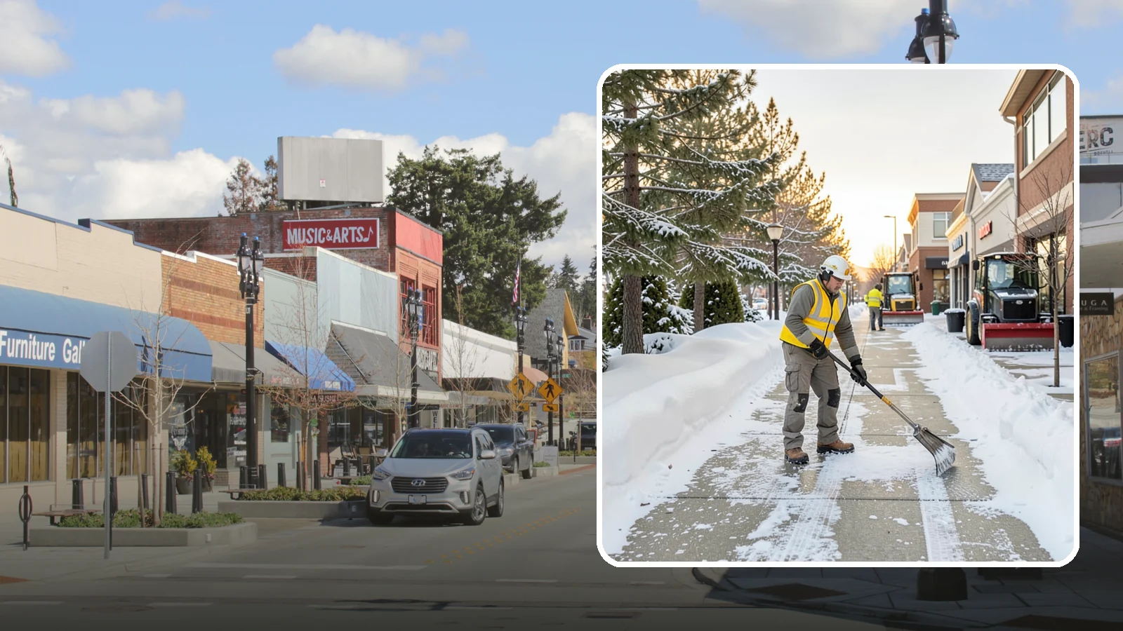 Shopping Center Sidewalk Clearing in Bothell, King County, WA - Storefront-corridor sidewalk clearing for Western Washington shopping centers, keeping the long tenant walkways and entrances...