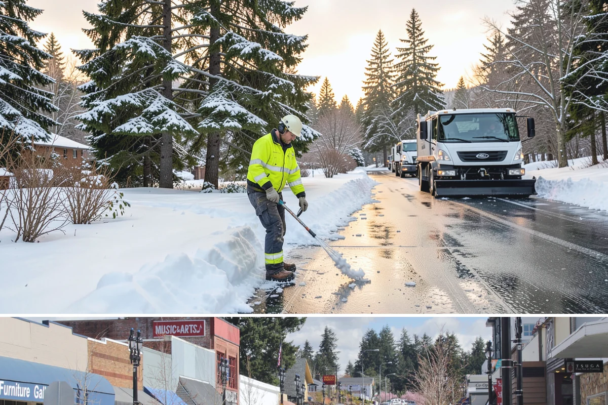 Shopping Center Sidewalk Clearing in Bothell, King County, WA - Shopping center demand peaks from late November through February, when holiday foot traffic and daytime thaw-refreeze rebuild...
