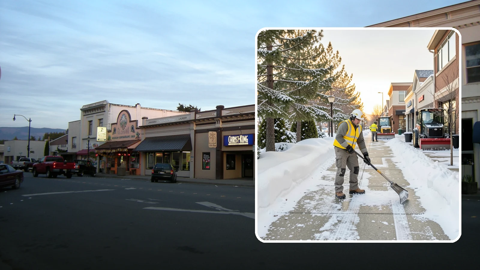 Shopping Center Sidewalk Clearing in Burlington, Skagit County, WA - Storefront-corridor sidewalk clearing for Western Washington shopping centers, keeping the long tenant walkways and entrances...
