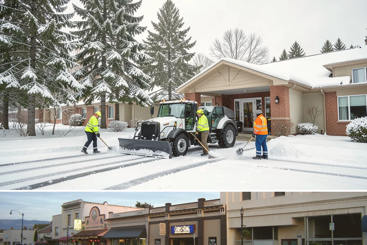 Shopping Center Sidewalk Clearing in Burlington, Skagit County, WA - Shopping center demand peaks from late November through February, when holiday foot traffic and daytime thaw-refreeze rebuild...