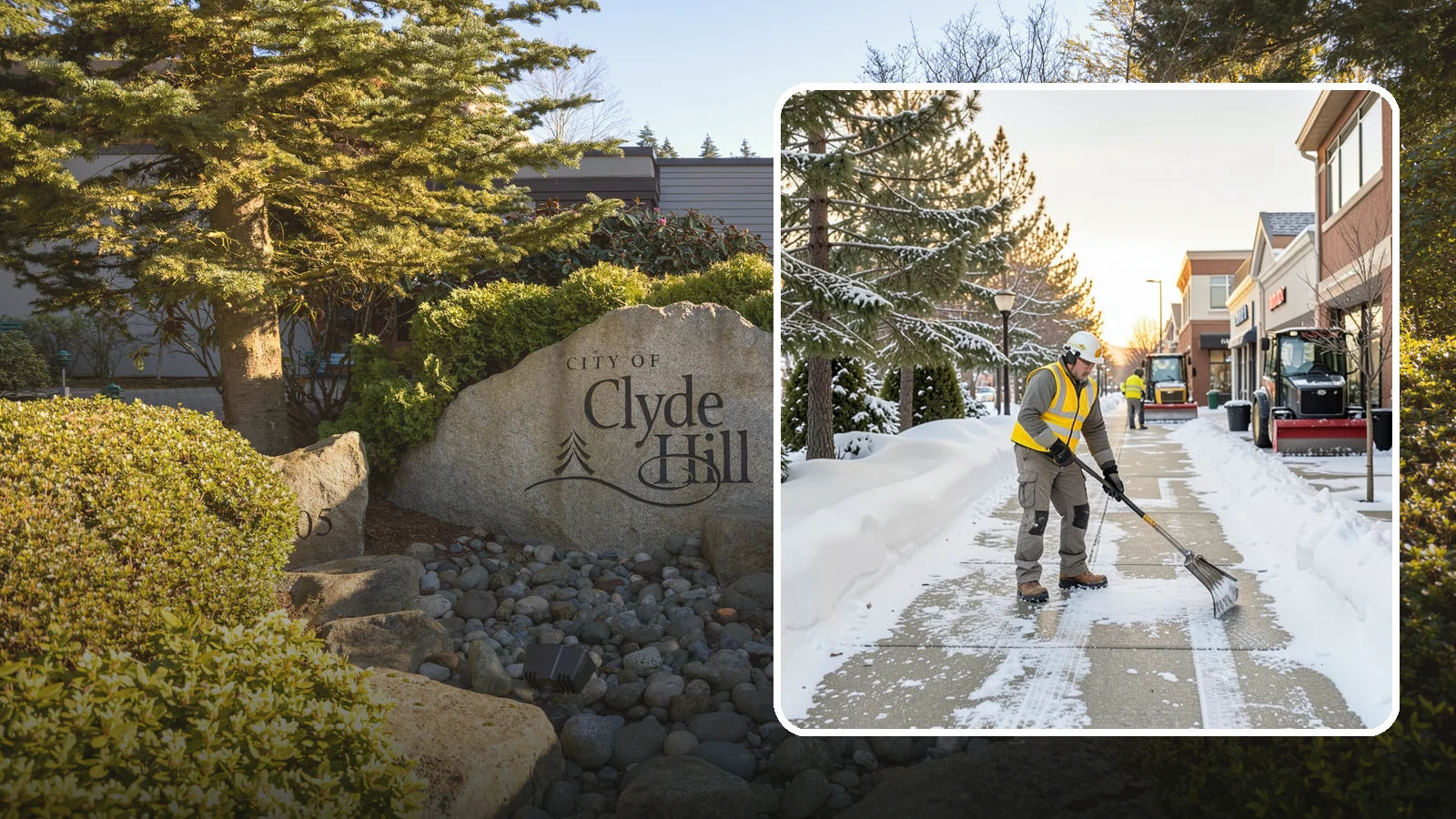 Shopping Center Sidewalk Clearing in Clyde Hill, King County, WA - Storefront-corridor sidewalk clearing for Western Washington shopping centers, keeping the long tenant walkways and entrances...