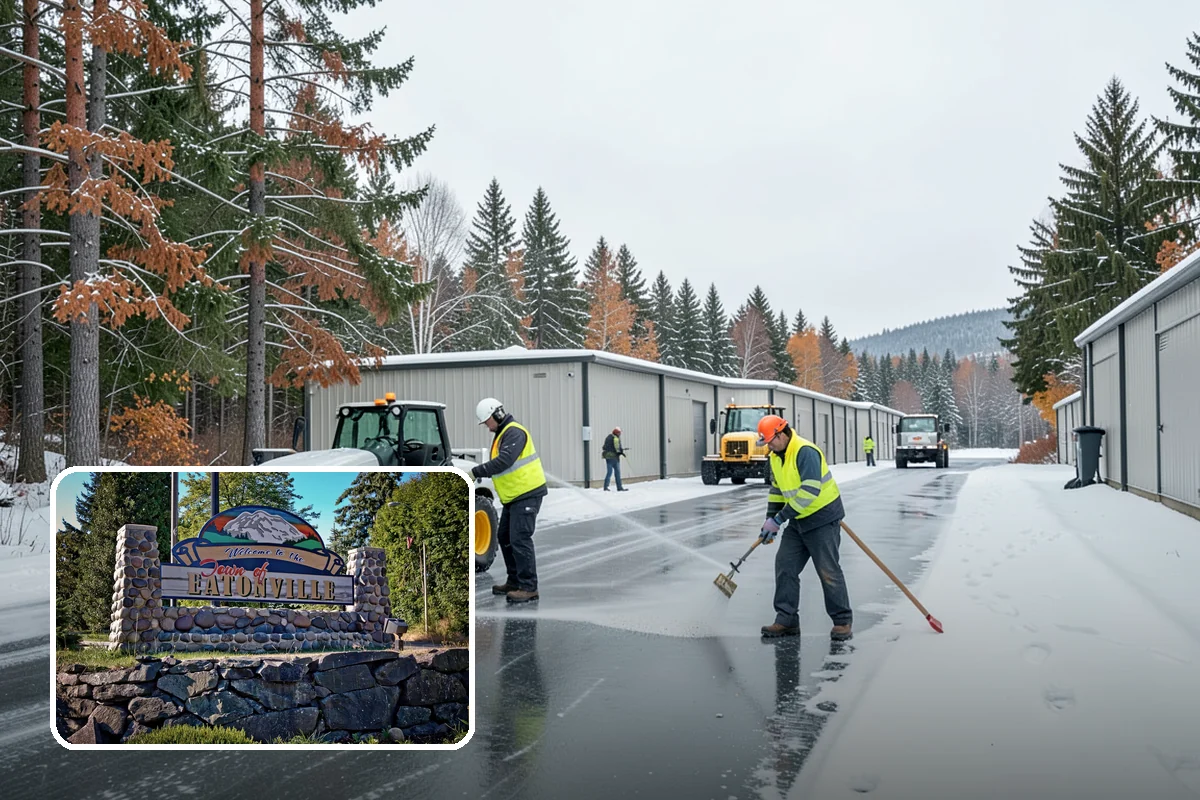 Shopping Center Sidewalk Clearing in Eatonville, Pierce County, WA - Full storefront corridor cleared for every tenant equally