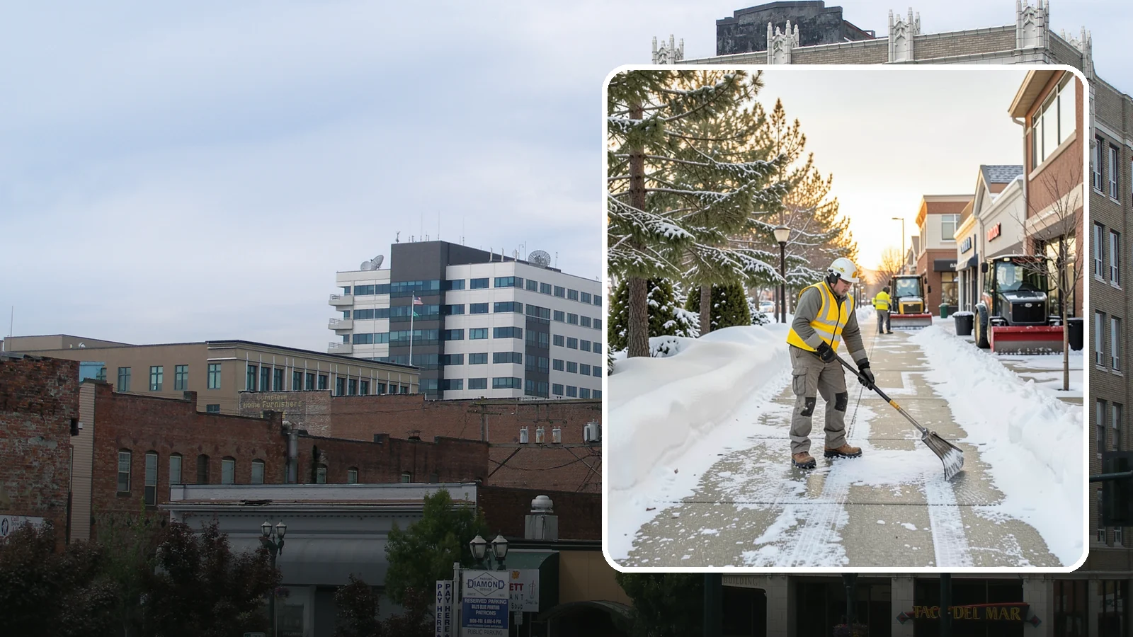 Shopping Center Sidewalk Clearing in Everett, Snohomish County, WA - Storefront-corridor sidewalk clearing for Western Washington shopping centers, keeping the long tenant walkways and entrances...