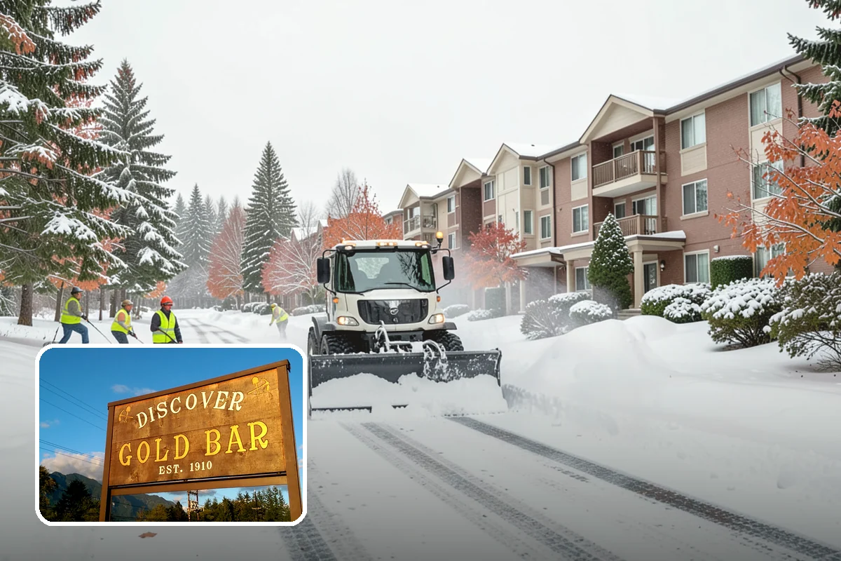 Shopping Center Sidewalk Clearing in Gold Bar, Snohomish County, WA - Full storefront corridor cleared for every tenant equally