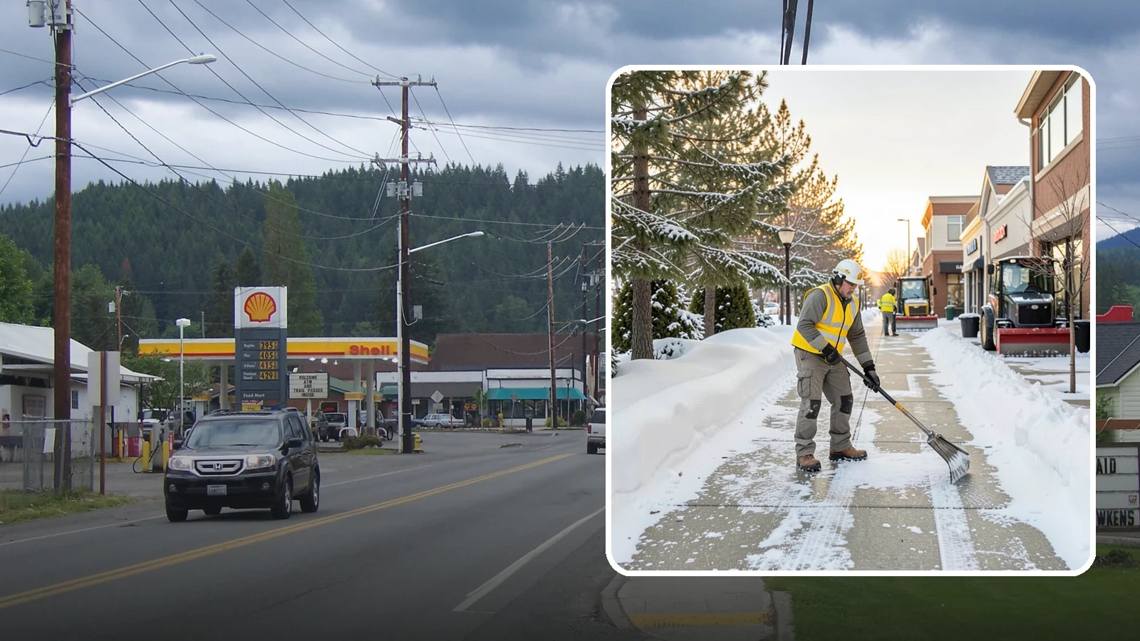 Shopping Center Sidewalk Clearing in Granite Falls, Snohomish County, WA - Storefront-corridor sidewalk clearing for Western Washington shopping centers, keeping the long tenant walkways and entrances...