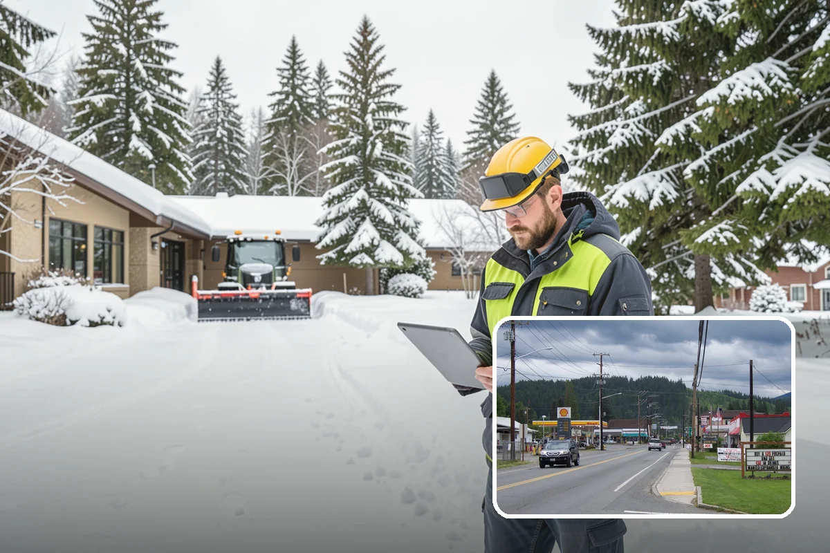 Shopping Center Sidewalk Clearing in Granite Falls, Snohomish County, WA - Full storefront corridor cleared for every tenant equally