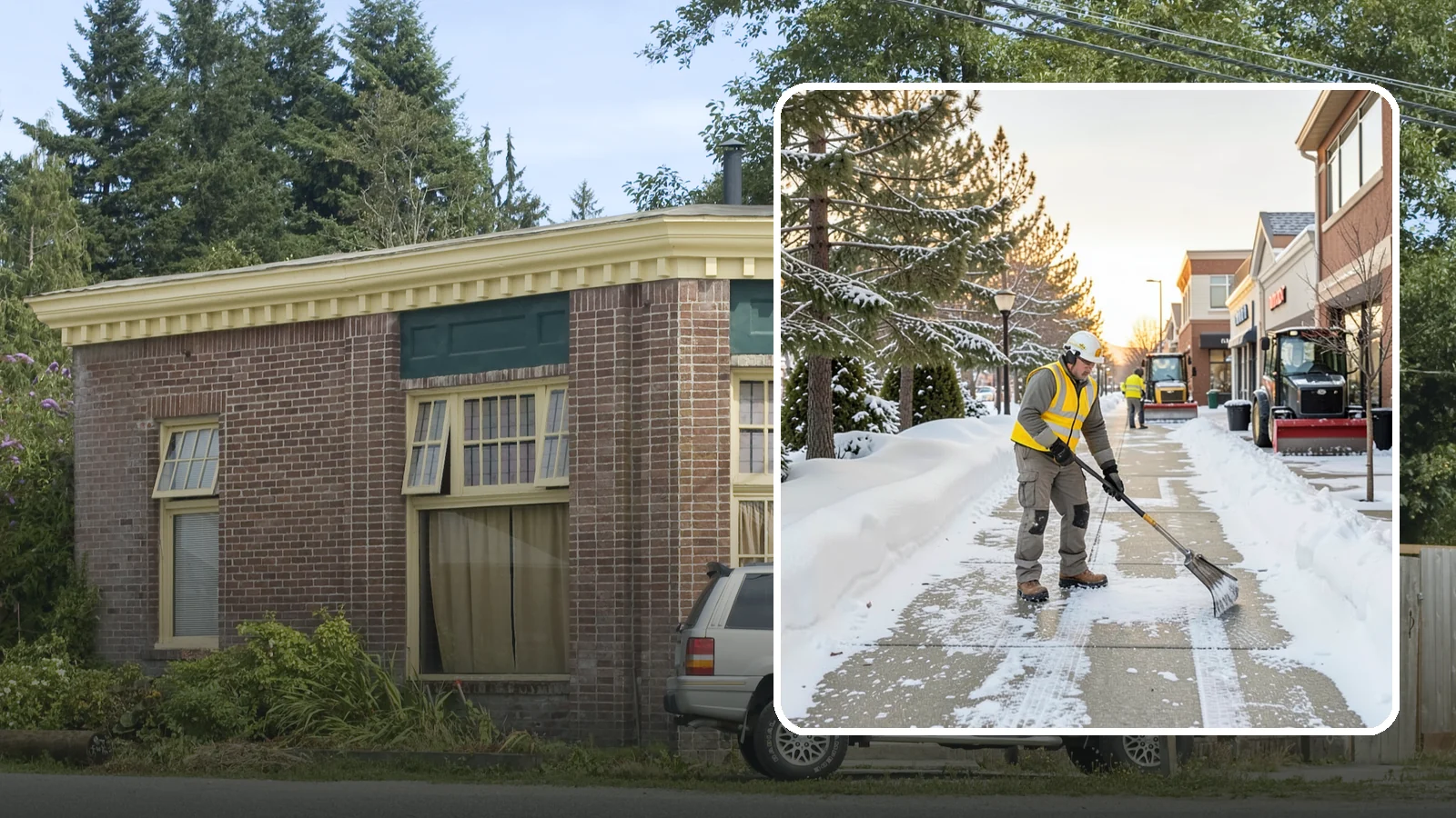 Shopping Center Sidewalk Clearing in Hamilton, Skagit County, WA - Storefront-corridor sidewalk clearing for Western Washington shopping centers, keeping the long tenant walkways and entrances...