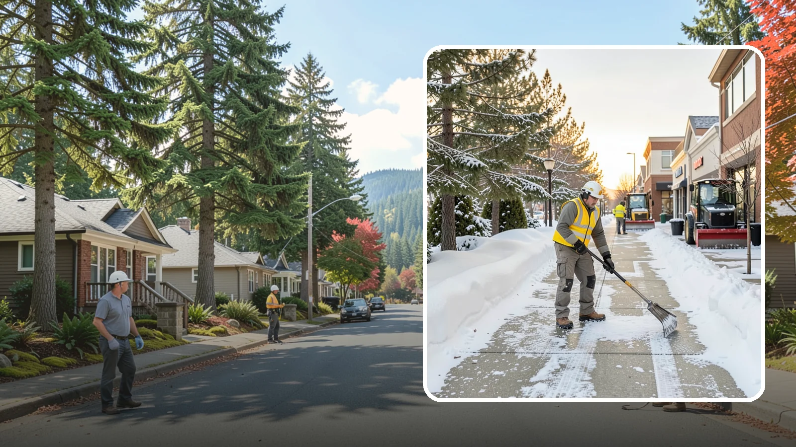 Shopping Center Sidewalk Clearing in Hunts Point, King County, WA - Storefront-corridor sidewalk clearing for Western Washington shopping centers, keeping the long tenant walkways and entrances...
