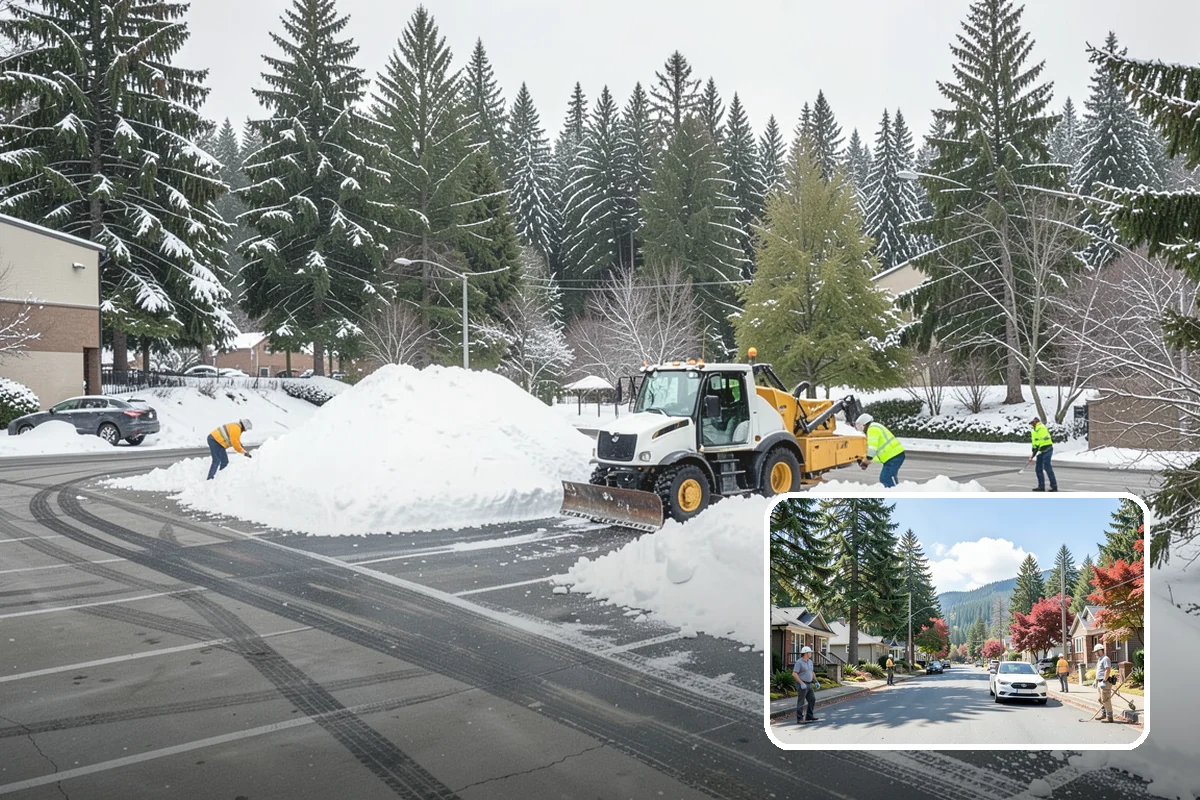 Shopping Center Sidewalk Clearing in Hunts Point, King County, WA - Full storefront corridor cleared for every tenant equally