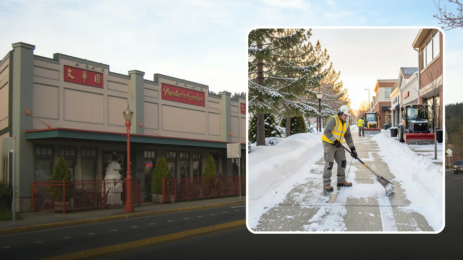 Shopping Center Sidewalk Clearing in Issaquah, King County, WA - Storefront-corridor sidewalk clearing for Western Washington shopping centers, keeping the long tenant walkways and entrances...