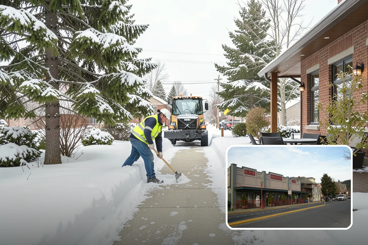 Shopping Center Sidewalk Clearing in Issaquah, King County, WA - Full storefront corridor cleared for every tenant equally