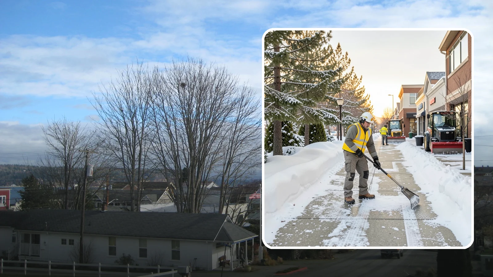Shopping Center Sidewalk Clearing in Langley, Island County, WA - Storefront-corridor sidewalk clearing for Western Washington shopping centers, keeping the long tenant walkways and entrances...