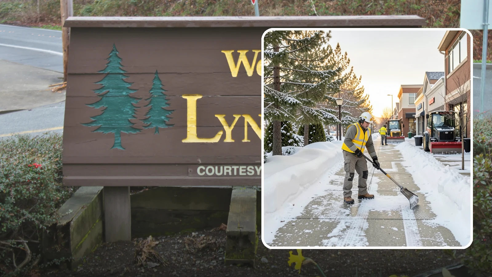 Shopping Center Sidewalk Clearing in Lynnwood, Snohomish County, WA - Storefront-corridor sidewalk clearing for Western Washington shopping centers, keeping the long tenant walkways and entrances...