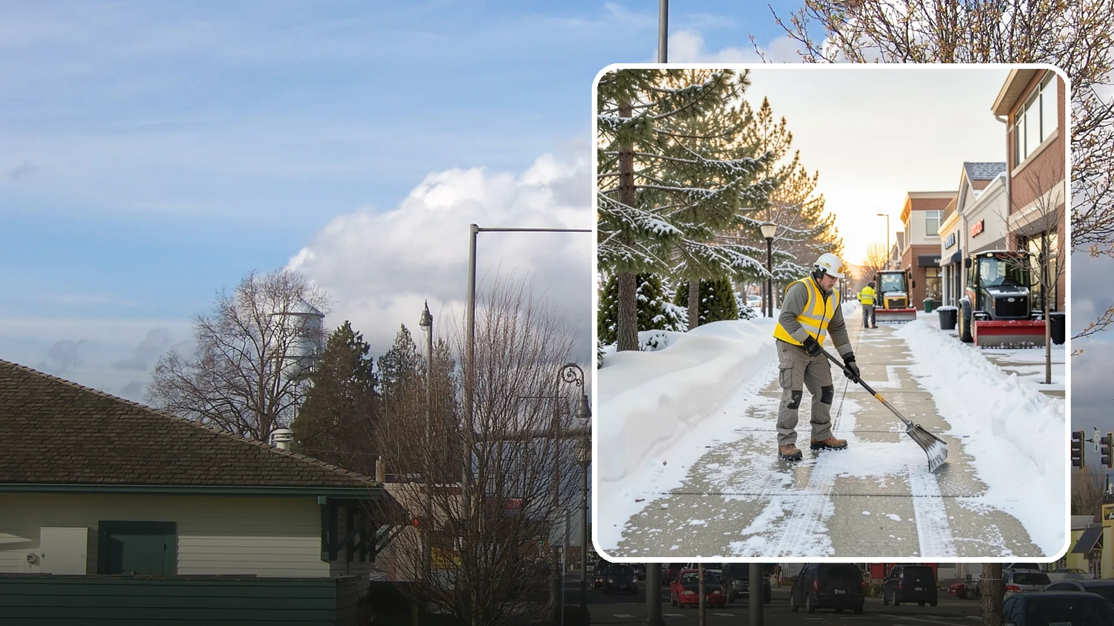 Shopping Center Sidewalk Clearing in Marysville, Snohomish County, WA - Storefront-corridor sidewalk clearing for Western Washington shopping centers, keeping the long tenant walkways and entrances...