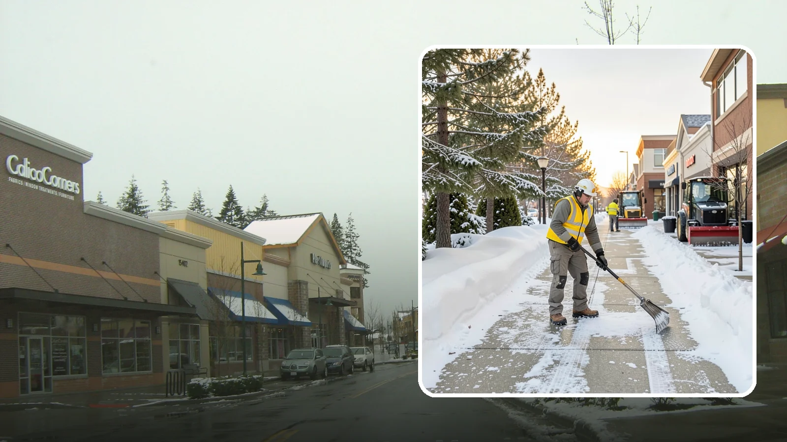 Shopping Center Sidewalk Clearing in Mill Creek, Snohomish County, WA - Storefront-corridor sidewalk clearing for Western Washington shopping centers, keeping the long tenant walkways and entrances...