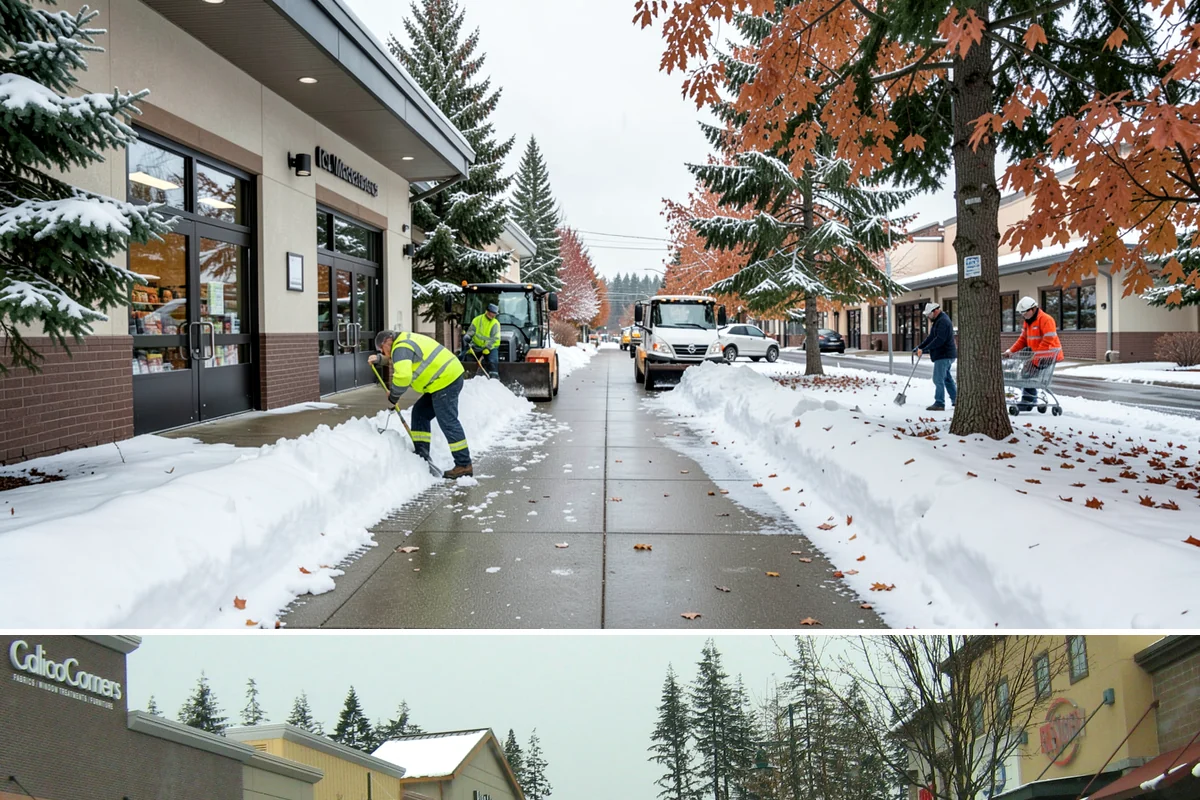 Shopping Center Sidewalk Clearing in Mill Creek, Snohomish County, WA - Shopping center demand peaks from late November through February, when holiday foot traffic and daytime thaw-refreeze rebuild...