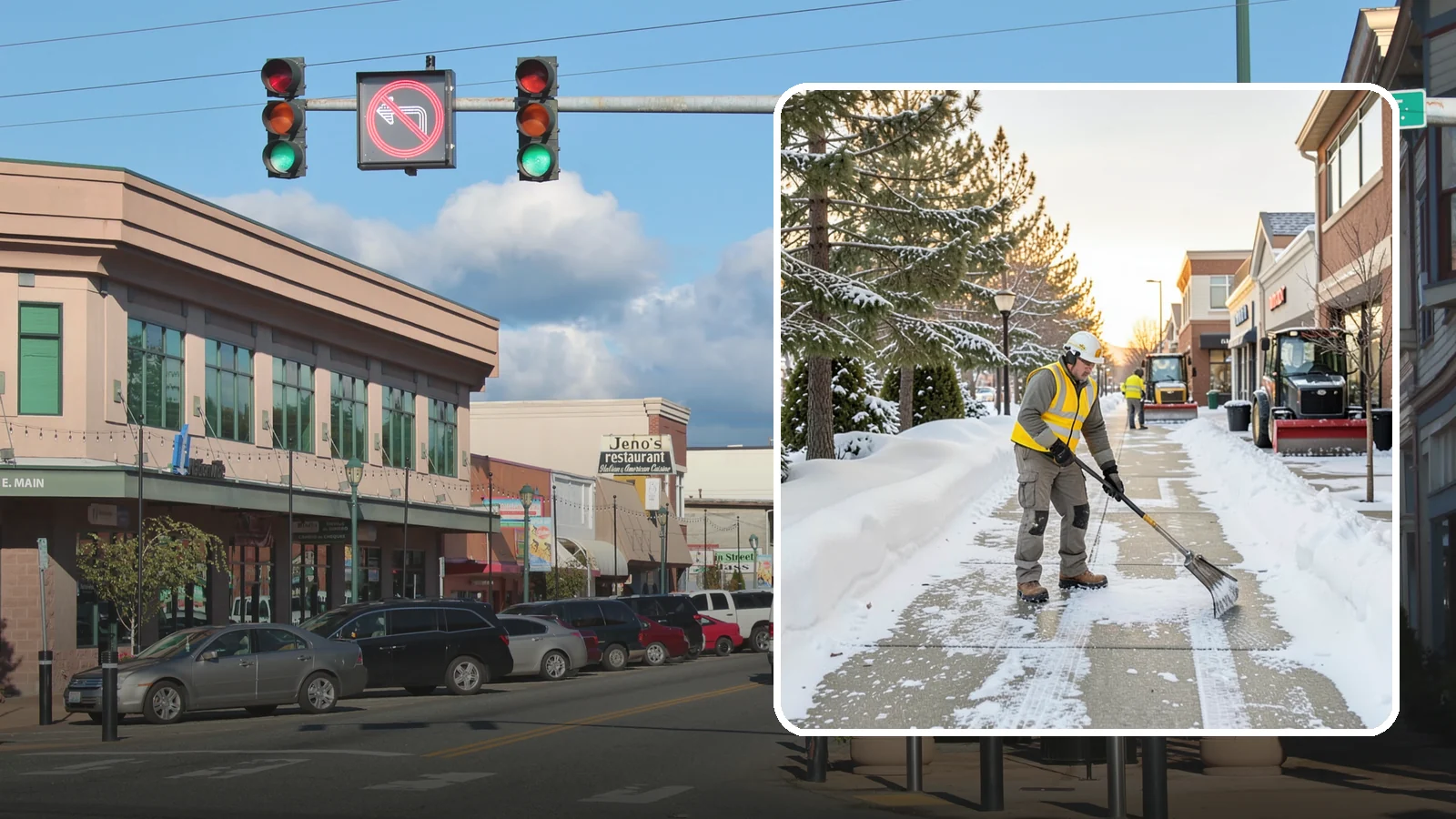 Shopping Center Sidewalk Clearing in Monroe, Snohomish County, WA - Storefront-corridor sidewalk clearing for Western Washington shopping centers, keeping the long tenant walkways and entrances...