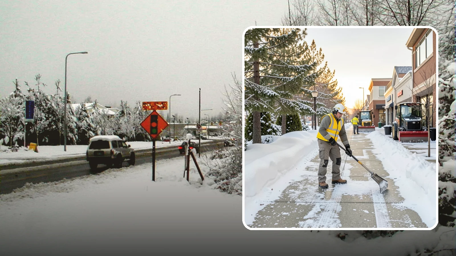 Shopping Center Sidewalk Clearing in Newcastle, King County, WA - Storefront-corridor sidewalk clearing for Western Washington shopping centers, keeping the long tenant walkways and entrances...
