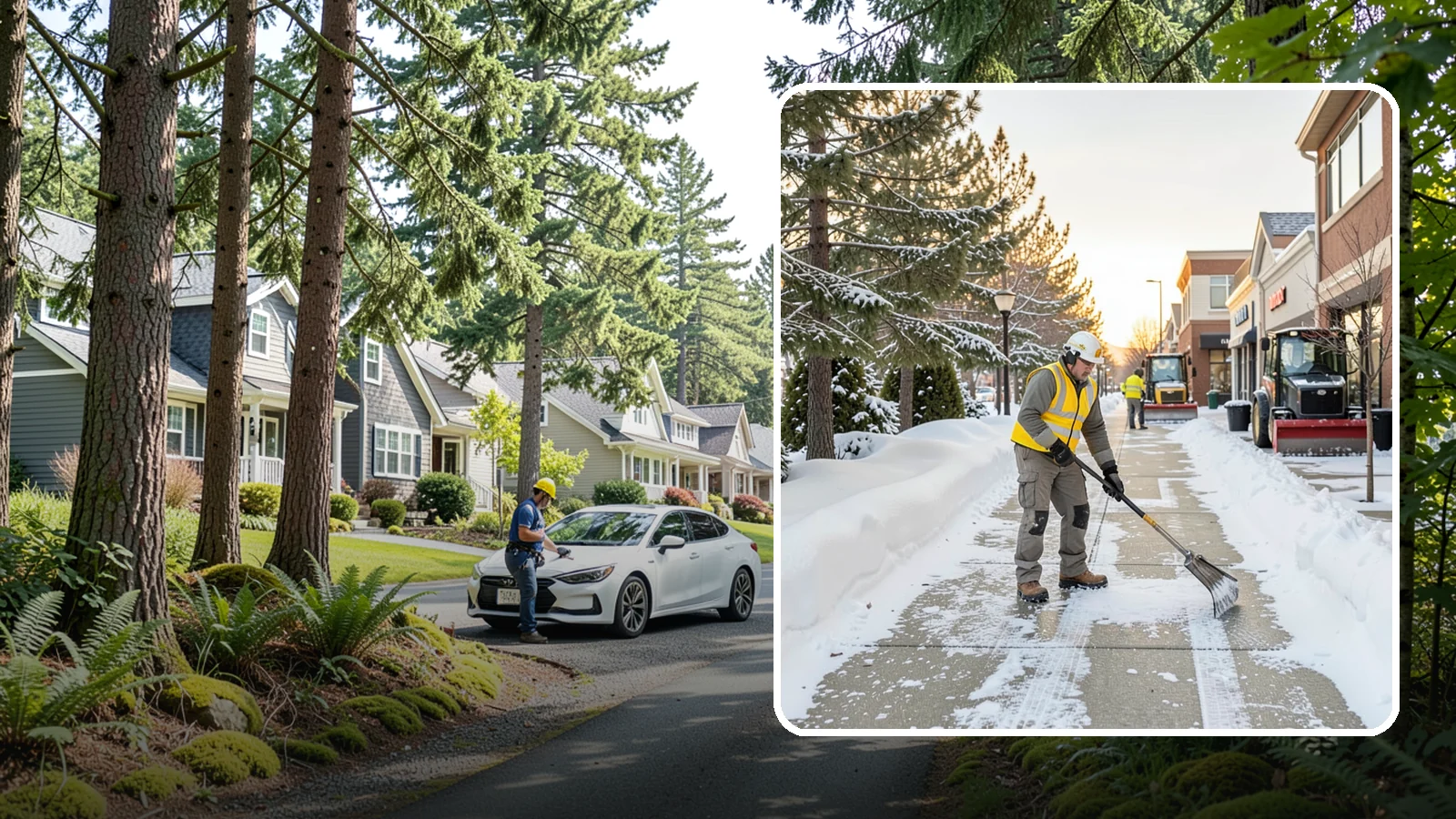 Shopping Center Sidewalk Clearing in Normandy Park, King County, WA - Storefront-corridor sidewalk clearing for Western Washington shopping centers, keeping the long tenant walkways and entrances...