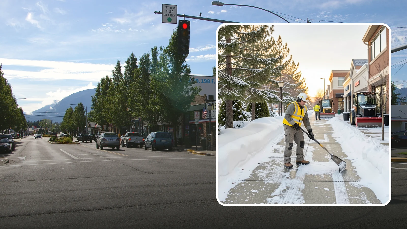 Shopping Center Sidewalk Clearing in North Bend, King County, WA - Storefront-corridor sidewalk clearing for Western Washington shopping centers, keeping the long tenant walkways and entrances...
