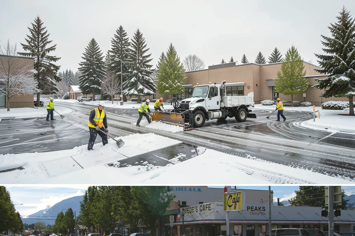 Shopping Center Sidewalk Clearing in North Bend, King County, WA - Shopping center demand peaks from late November through February, when holiday foot traffic and daytime thaw-refreeze rebuild...