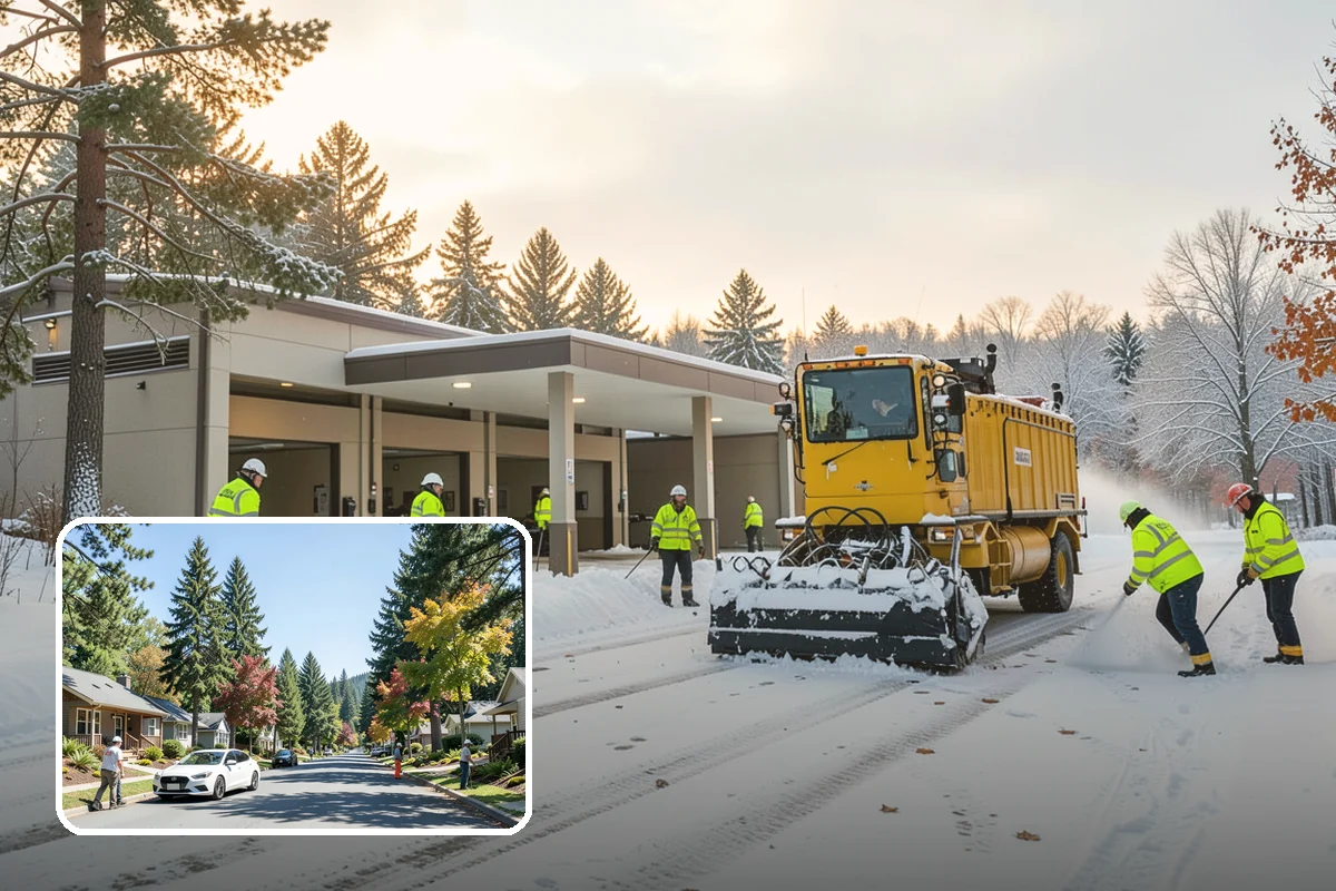 Shopping Center Sidewalk Clearing in Orting, Pierce County, WA - Full storefront corridor cleared for every tenant equally