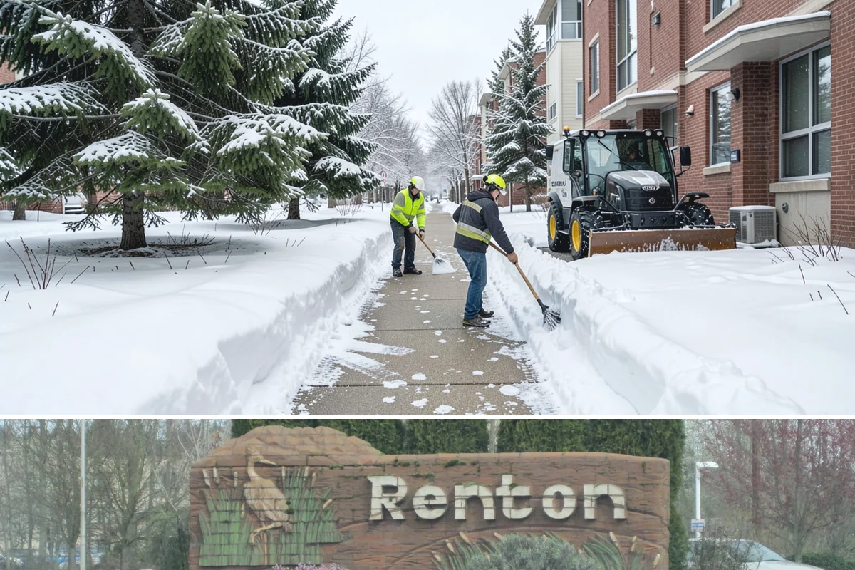 Shopping Center Sidewalk Clearing in Renton, King County, WA - Shopping center demand peaks from late November through February, when holiday foot traffic and daytime thaw-refreeze rebuild...