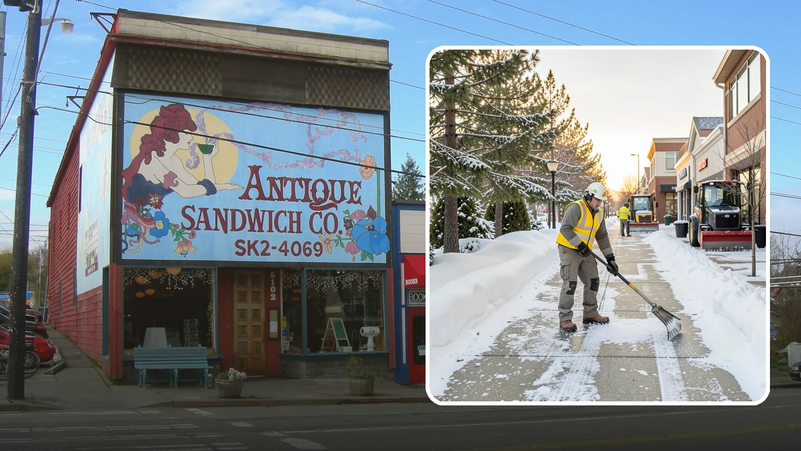 Shopping Center Sidewalk Clearing in Ruston, Pierce County, WA - Storefront-corridor sidewalk clearing for Western Washington shopping centers, keeping the long tenant walkways and entrances...