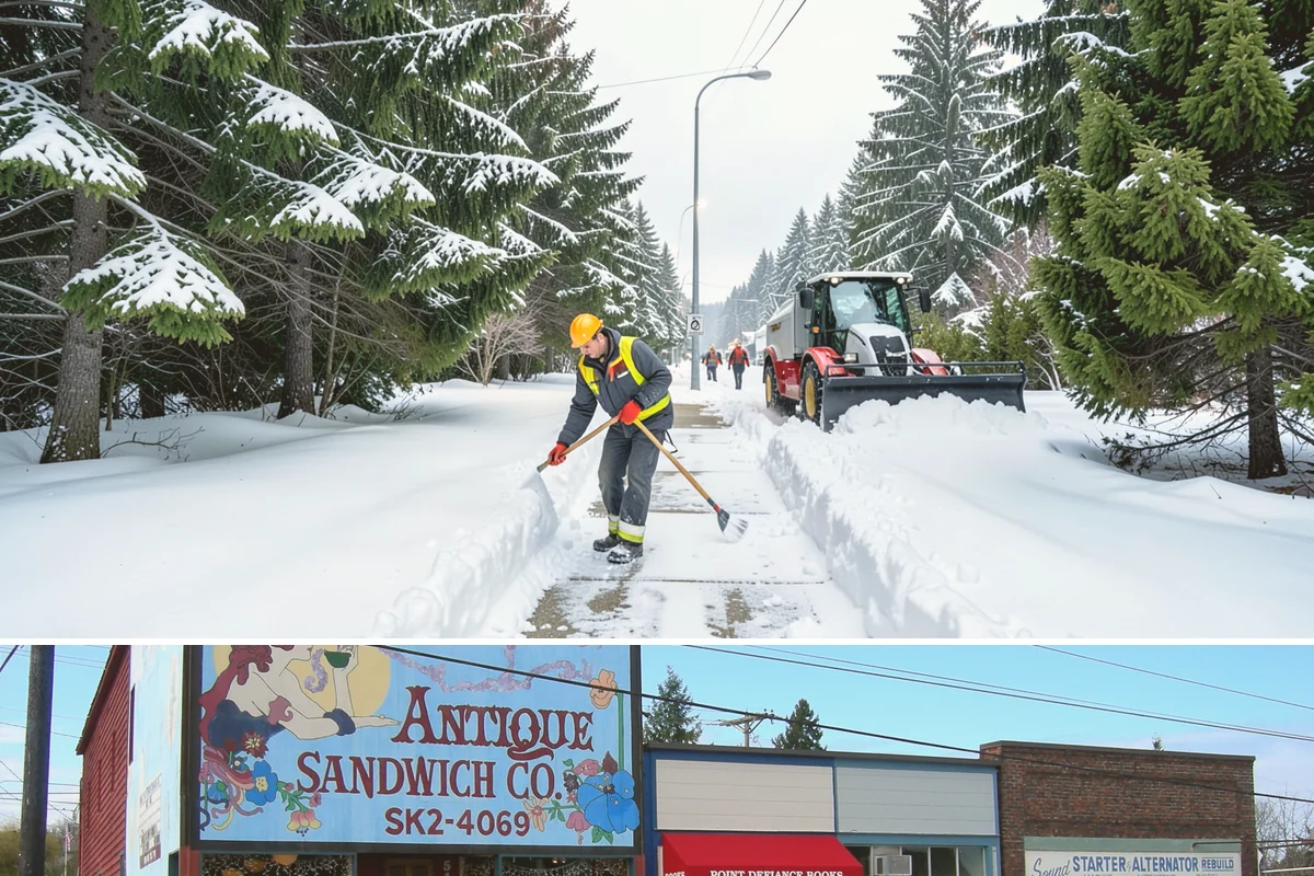 Shopping Center Sidewalk Clearing in Ruston, Pierce County, WA - Shopping center demand peaks from late November through February, when holiday foot traffic and daytime thaw-refreeze rebuild...