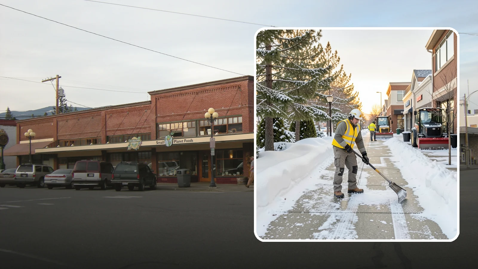 Shopping Center Sidewalk Clearing in Sedro-Woolley, Skagit County, WA - Storefront-corridor sidewalk clearing for Western Washington shopping centers, keeping the long tenant walkways and entrances...